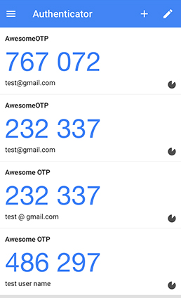 Example TOTP accounts in the Google authenticator app.